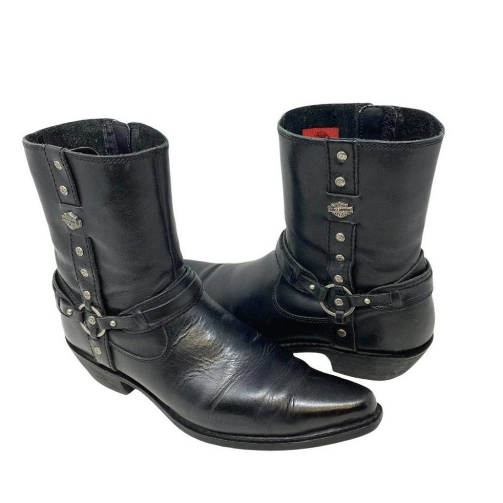 Harley-Davidson Black Leather Pointed Toe Western Heel Moto Boots - Size 11